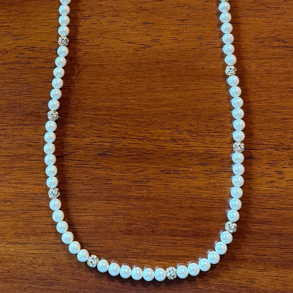 Vintage 36" Long Faux Pearl Necklace with imitation diamond incrusted beads